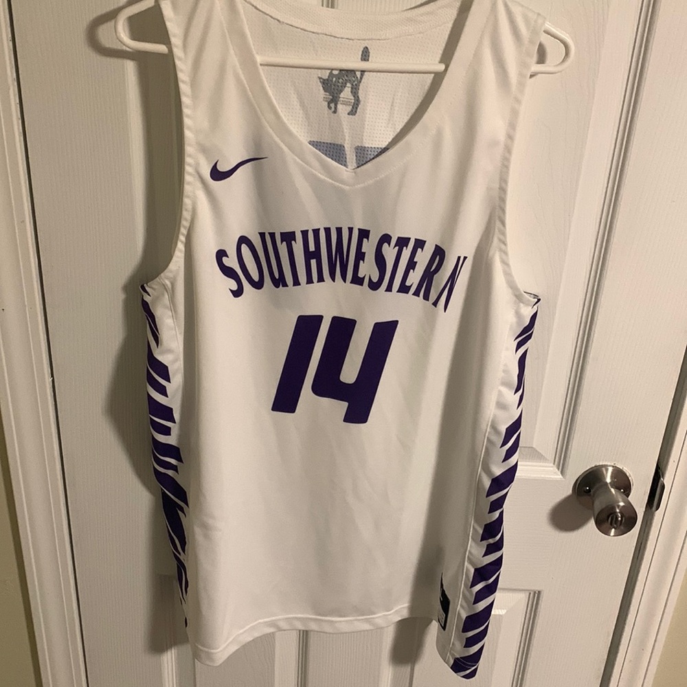 white and purple Southeastern dressy basketball jersey